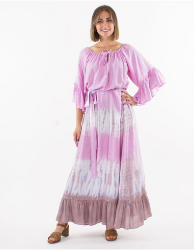 Long viscose tie and dye dress with sleeves