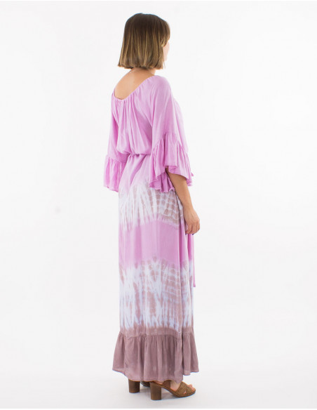 Long viscose tie and dye dress with sleeves