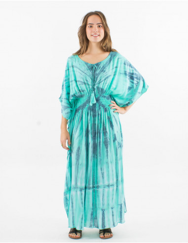 Long viscose tie and dye dress with sleeves