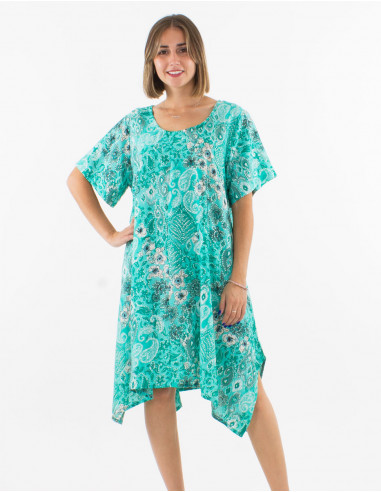 Polyester dress with short sleeves and "boheme argente" print