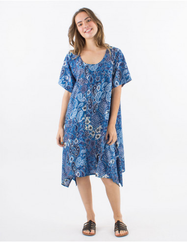 Polyester dress with short sleeves and "boheme argente" print