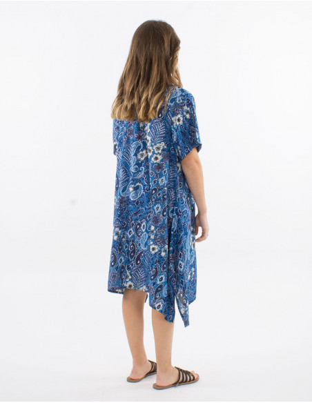 Polyester dress with short sleeves and "boheme argente" print