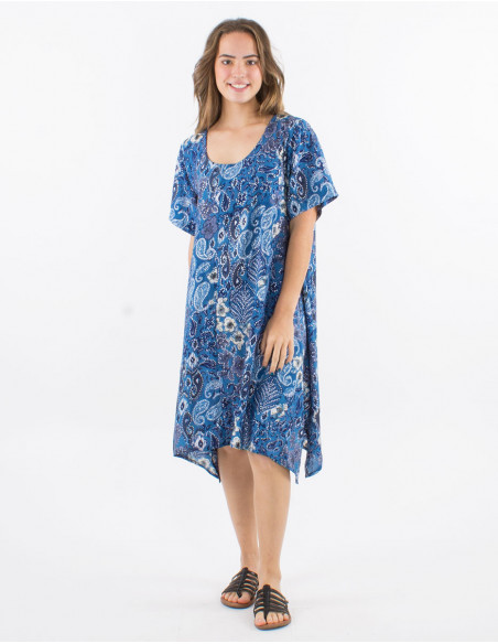 Polyester dress with short sleeves and "boheme argente" print