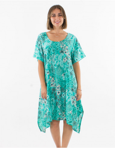 Polyester dress with short sleeves and "boheme argente" print