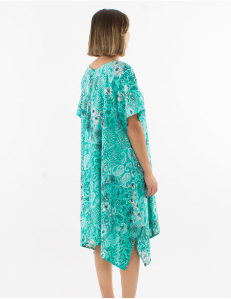 Polyester dress with short sleeves and "boheme argente" print