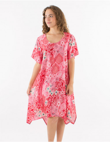 Polyester dress with short sleeves and "boheme argente" print