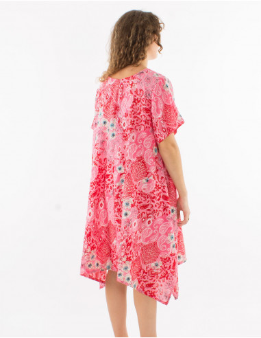 Polyester dress with short sleeves and "boheme argente" print