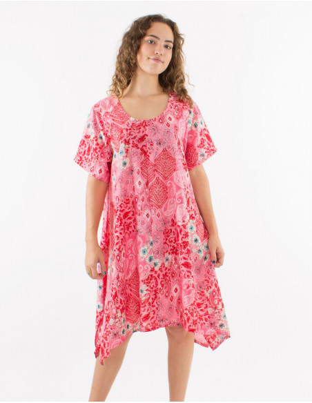 Polyester dress with short sleeves and "boheme argente" print