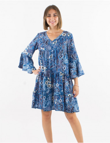 Robe polyester manches 3/4 tulipes imprimé bohème argenté