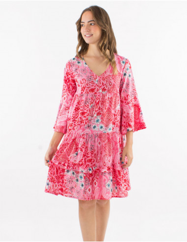 Polyester dress with tulips 3/4 sleeves and "boheme argente" print