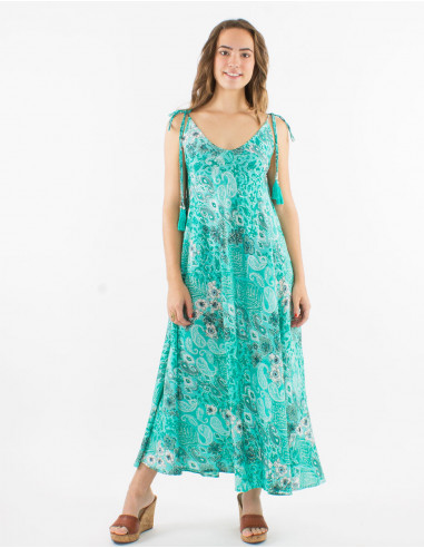 Long polyester dress with straps and "boheme argente" print