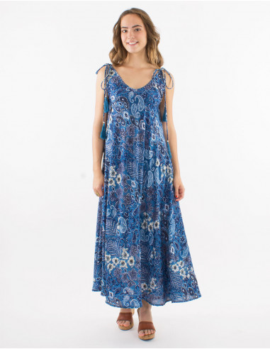 Long polyester dress with straps and "boheme argente" print