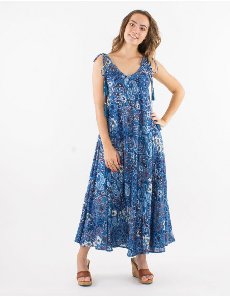 Robe longue polyester bretelles imprimé bohème argenté