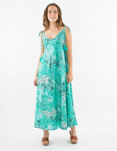 Long polyester dress with straps and "boheme argente" print