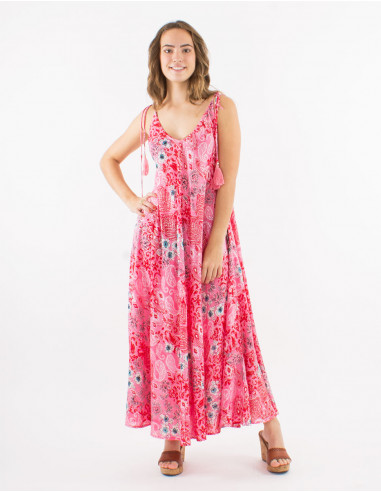 Long polyester dress with straps and "boheme argente" print