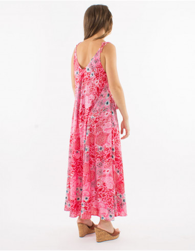 Robe longue polyester bretelles imprimé bohème argenté