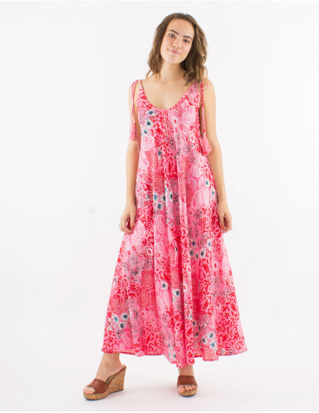 Robe longue polyester bretelles imprimé bohème argenté