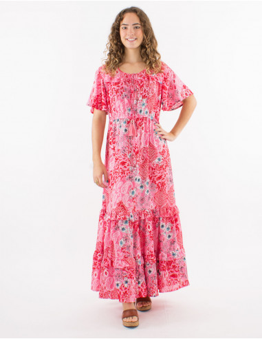 Long polyester ruffled dress with short sleeves and "boheme argente" print