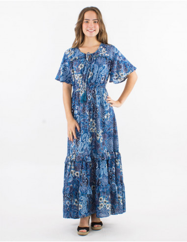 Long polyester ruffled dress with short sleeves and "boheme argente" print