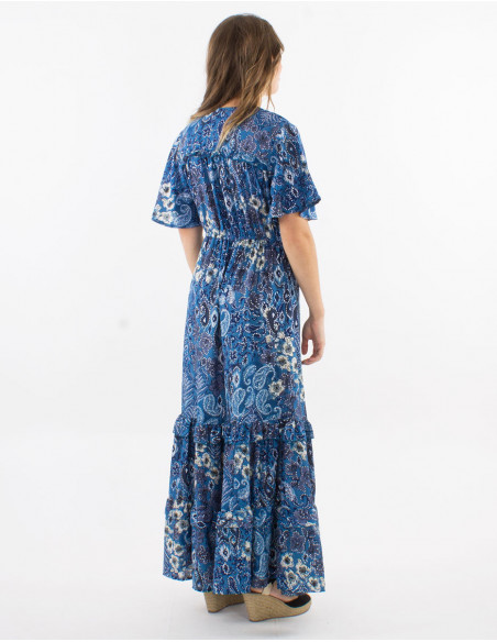 Long polyester ruffled dress with short sleeves and "boheme argente" print