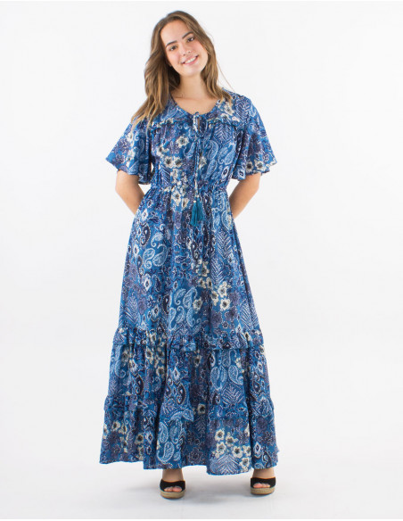 Long polyester ruffled dress with short sleeves and "boheme argente" print