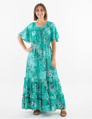 Long polyester ruffled dress with short sleeves and "boheme argente" print