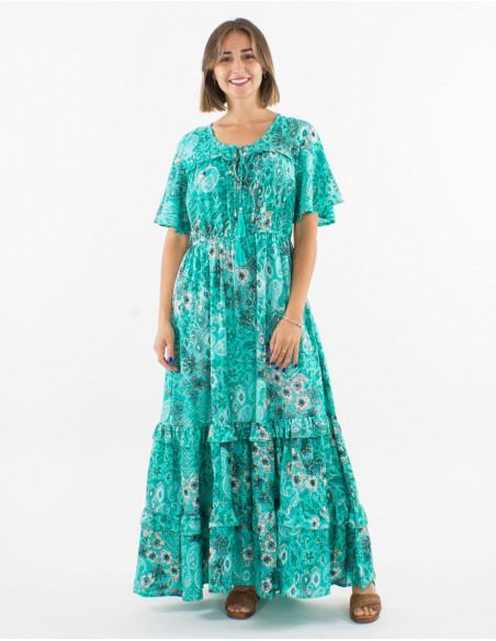 Long polyester ruffled dress with short sleeves and "boheme argente" print