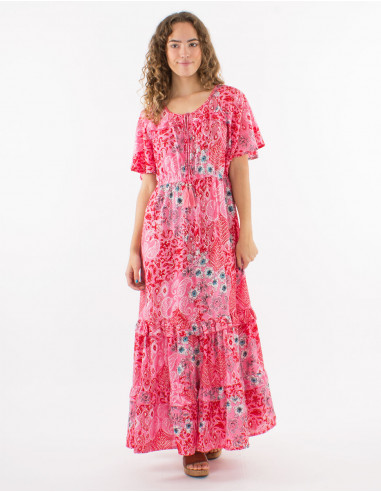 Long polyester ruffled dress with short sleeves and "boheme argente" print