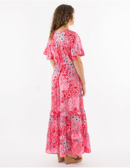 Long polyester ruffled dress with short sleeves and "boheme argente" print