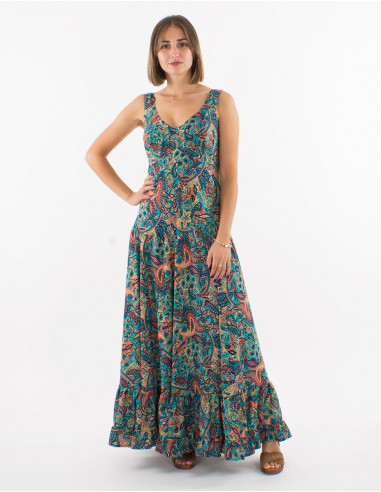 Long polyester sleeveless dress and "road dore" print