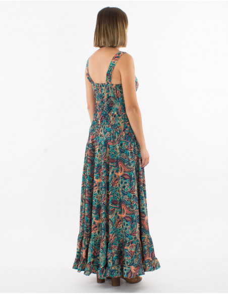 Long polyester sleeveless dress and "road dore" print