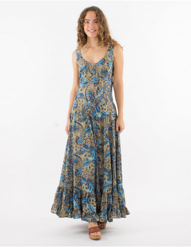 Long polyester sleeveless dress and "road dore" print