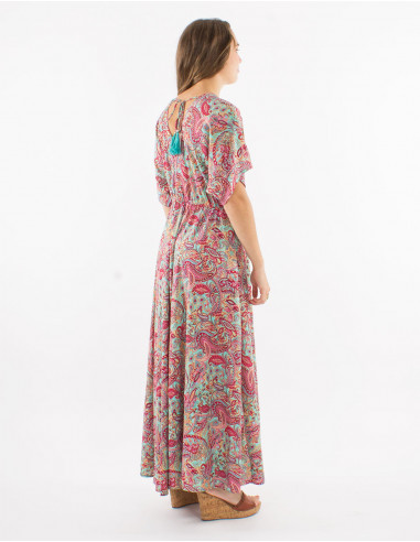 Long polyester dress with short sleeves and "road dore" print