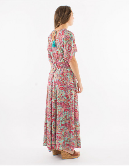 Long polyester dress with short sleeves and "road dore" print