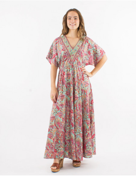 Long polyester dress with short sleeves and "road dore" print