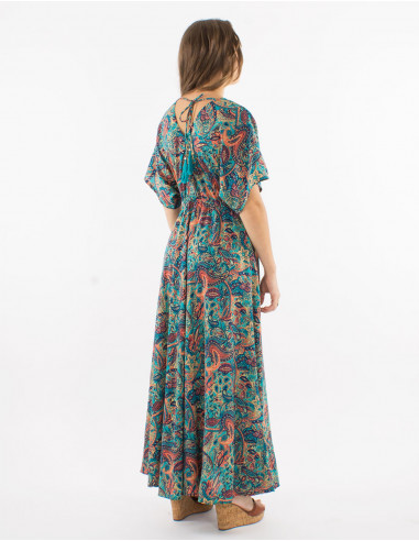 Long polyester dress with short sleeves and "road dore" print