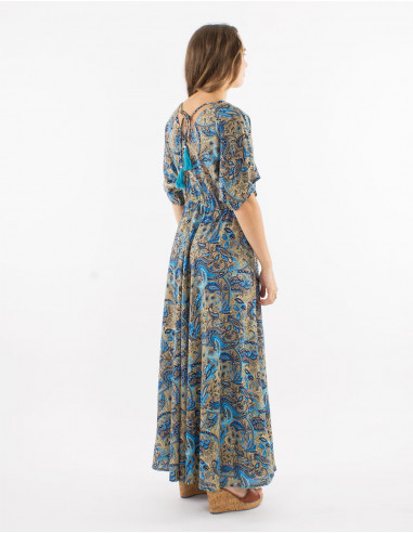 Long polyester dress with short sleeves and "road dore" print