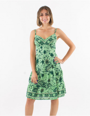 Short polyester dress with straps and "aster dore" print