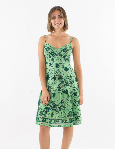 Short polyester dress with straps and "aster dore" print