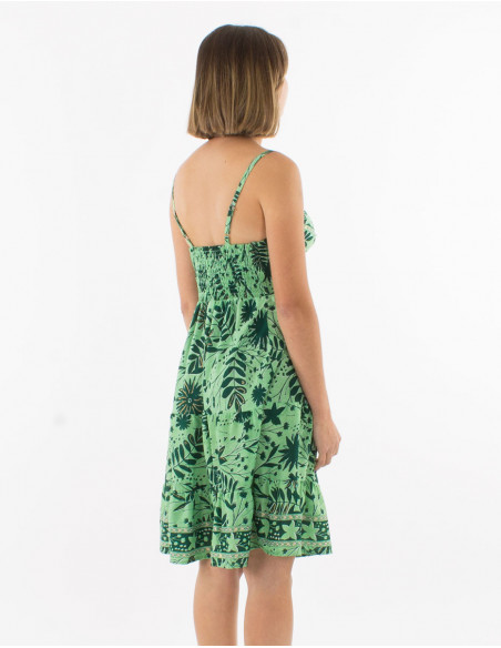 Short polyester dress with straps and "aster dore" print