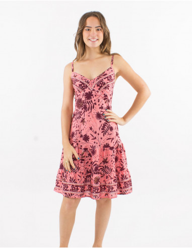 Short polyester dress with straps and "aster dore" print