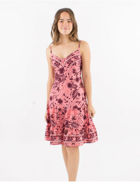 Short polyester dress with straps and "aster dore" print