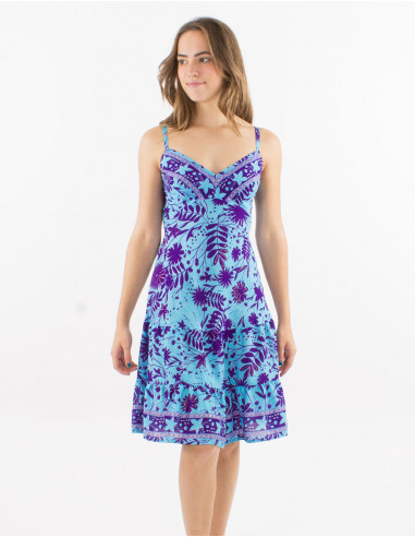 Short polyester dress with straps and "aster dore" print