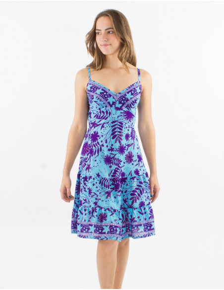 Short polyester dress with straps and "aster dore" print