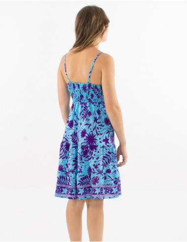 Short polyester dress with straps and "aster dore" print