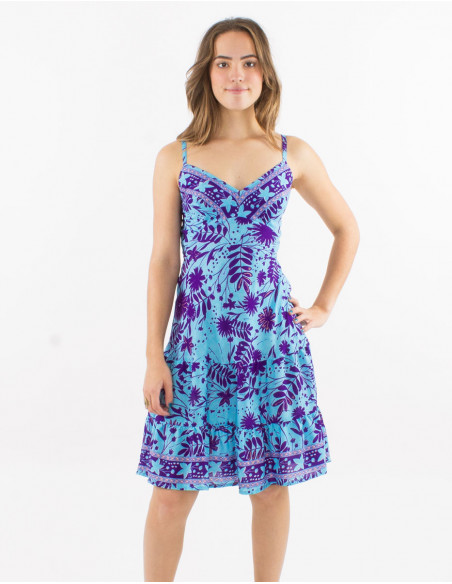 Short polyester dress with straps and "aster dore" print