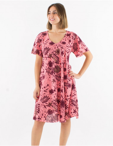 Polyester dress with short sleeves and "aster dore" print