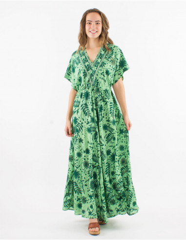 Long polyester dres with short sleeves and "aster dore" print