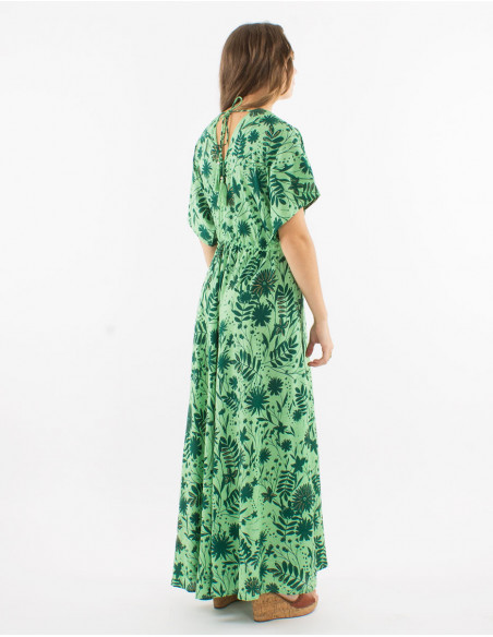 Long polyester dres with short sleeves and "aster dore" print