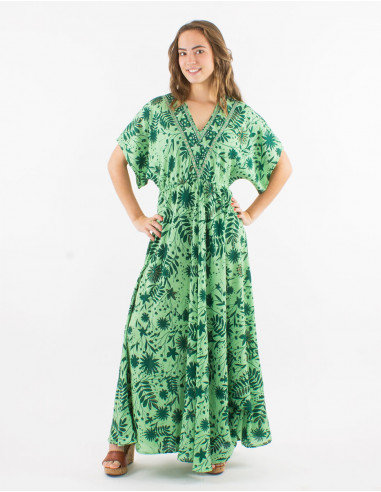 Long polyester dres with short sleeves and "aster dore" print